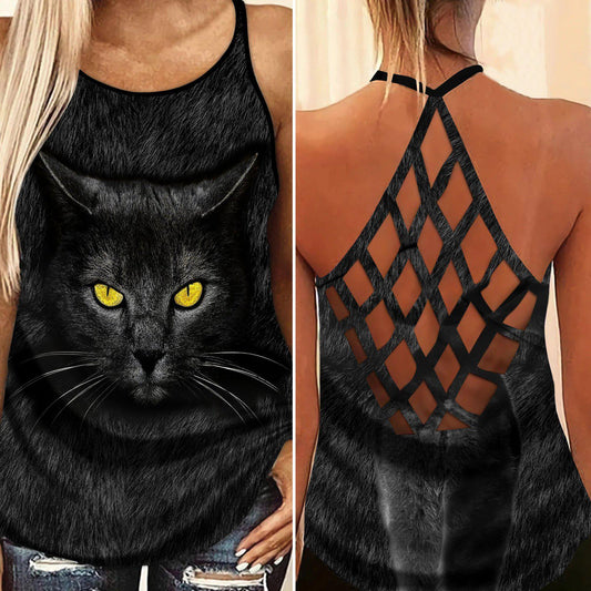 Black Cat Artistic Hollow Tank Top For Yoga Workouts And Casual Wear