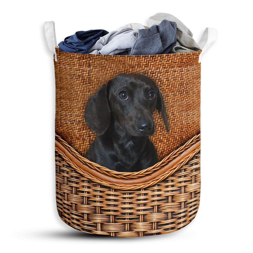 Small Size Black Dachshund Dog Rattan Texture Laundry Basket For Bathroom Bedroom Storage