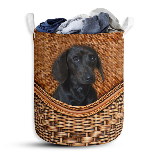 Small Size Black Dachshund Dog Rattan Texture Laundry Basket For Bathroom Bedroom Storage