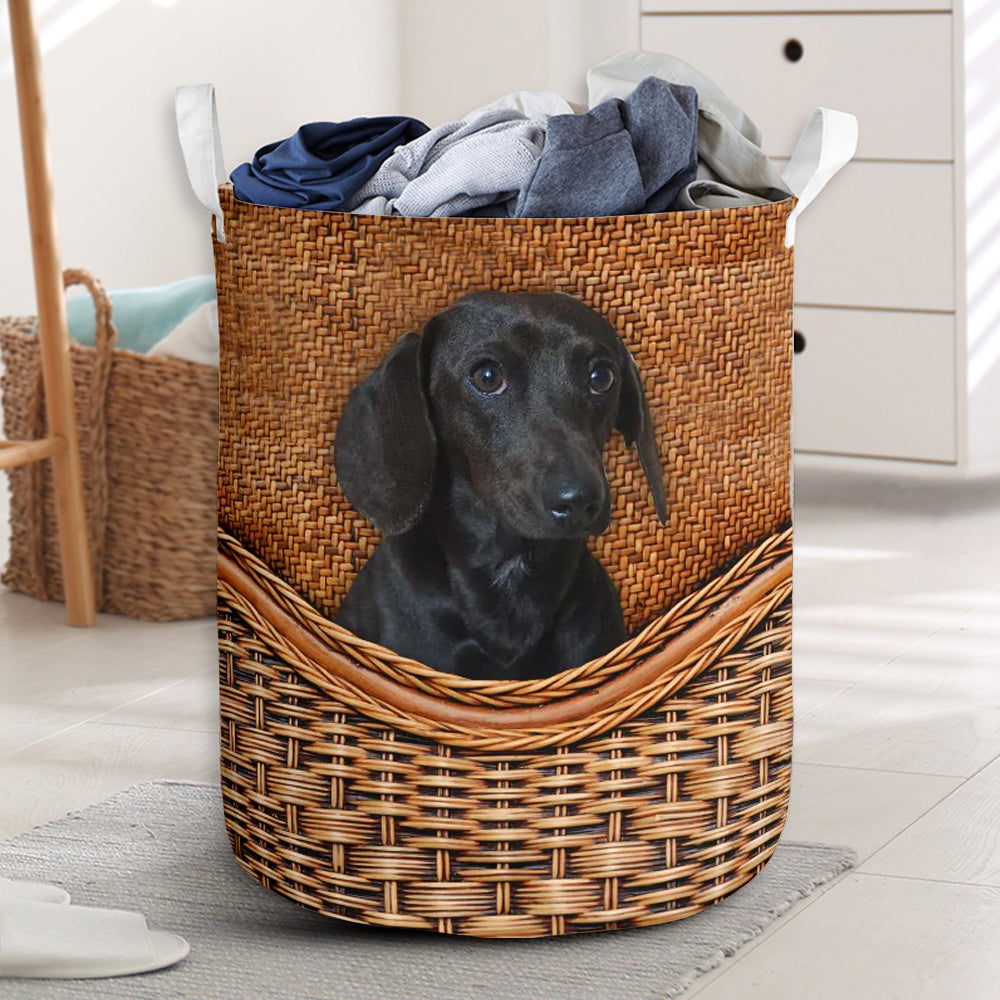 Black Dachshund Dog Rattan Texture Laundry Basket For Room Home Organizer