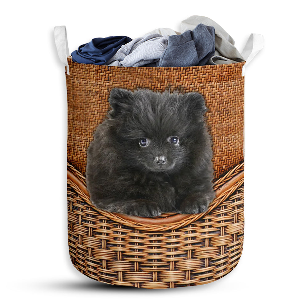 Small Size Black Pomeranian Dog Rattan Texture Laundry Basket For Bathroom Bedroom Storage