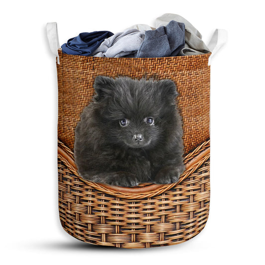 Small Size Black Pomeranian Dog Rattan Texture Laundry Basket For Bathroom Bedroom Storage