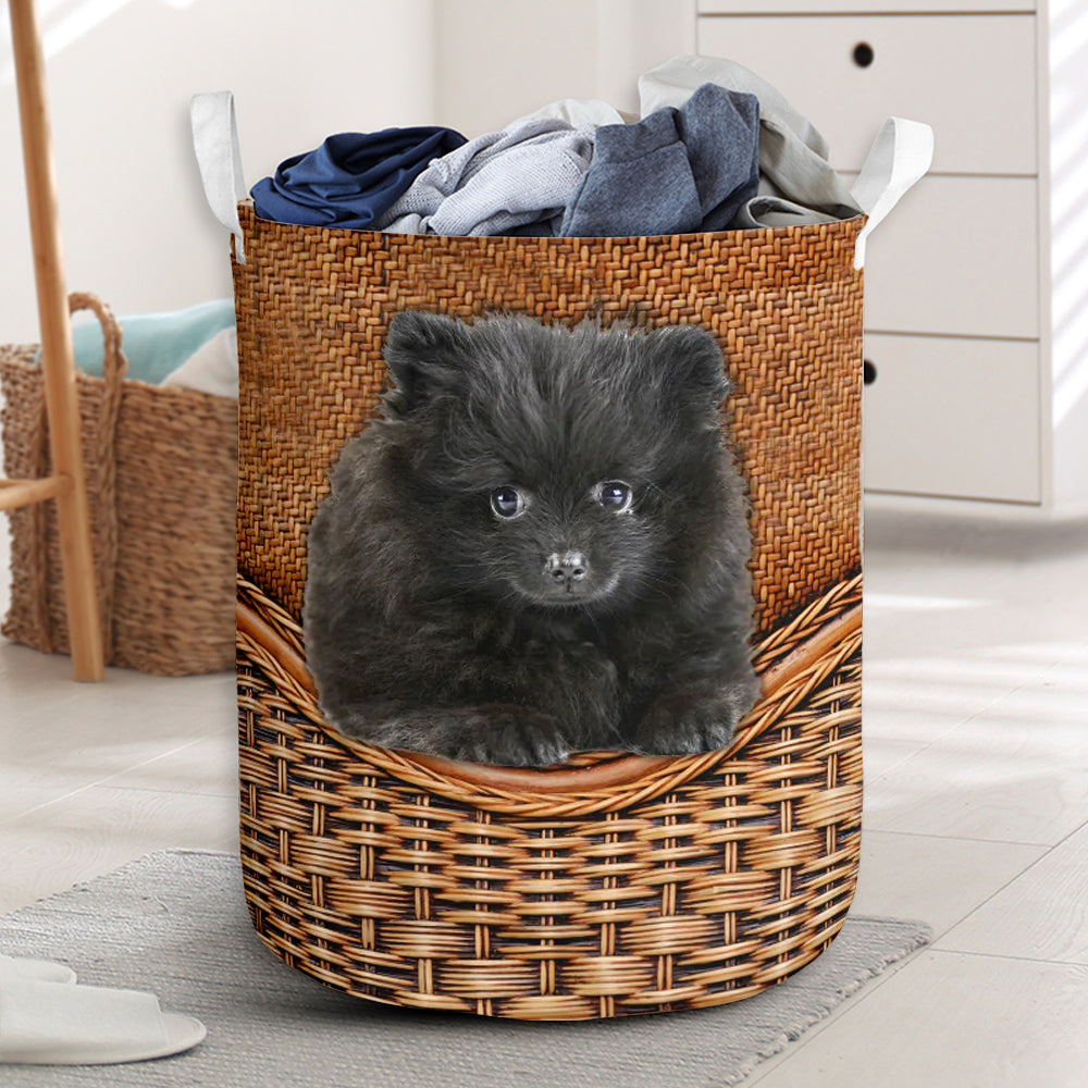Black Pomeranian Dog Rattan Texture Laundry Basket For Room Home Organizer