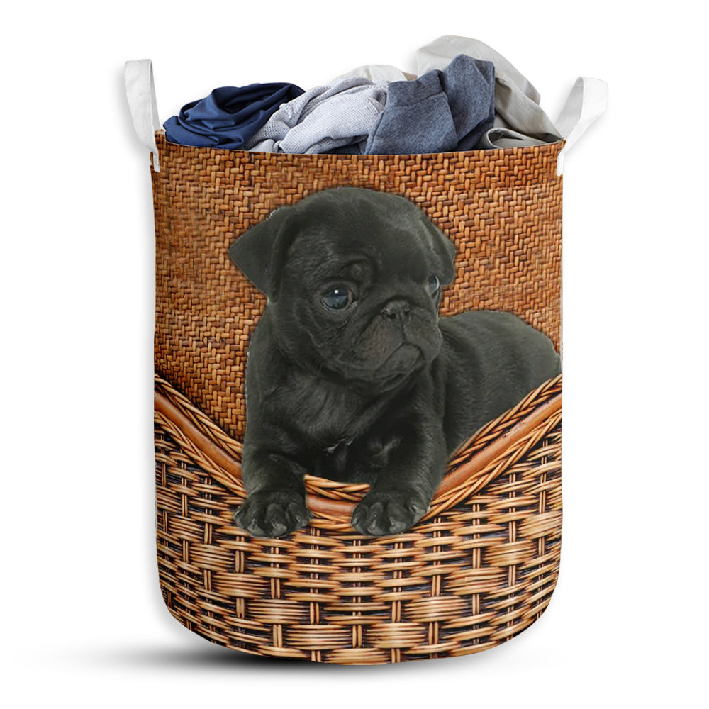 Small Size Black Pug Dog Rattan Texture Laundry Basket For Bathroom Bedroom Storage