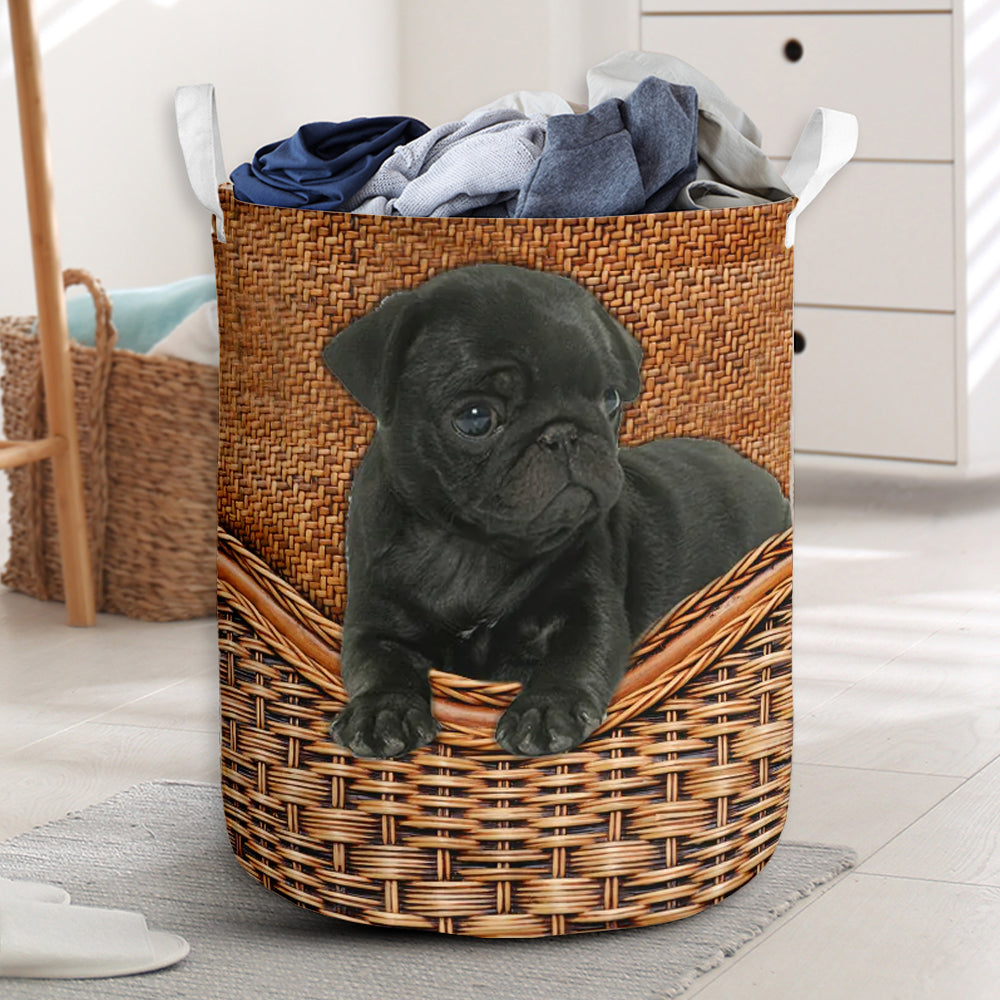 Black Pug Dog Rattan Texture Laundry Basket For Room Home Organizer