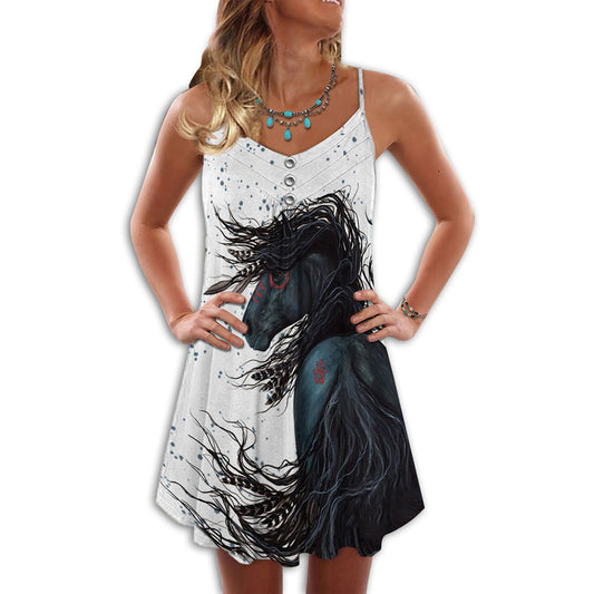 Black Stallion Horse Art – Women's Summer Sleeveless V-Neck Camisole Dress