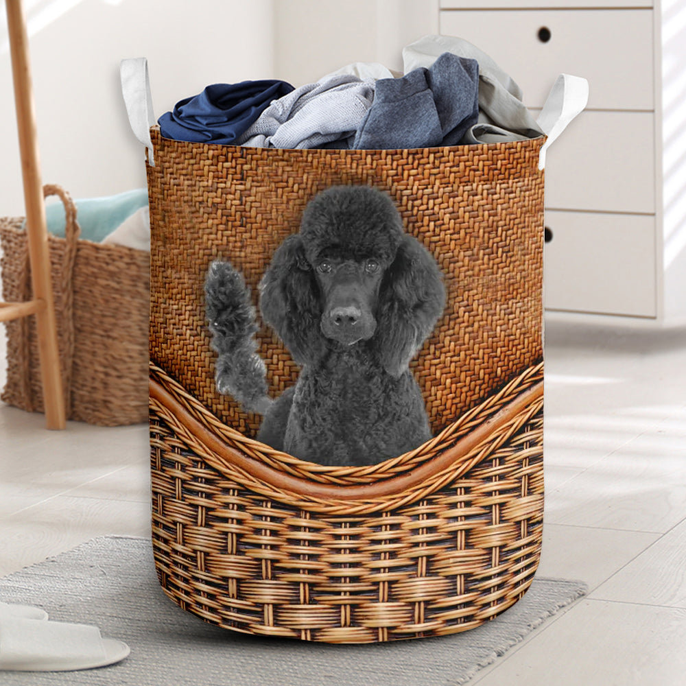 Black Standard Poodle Dog Rattan Texture Laundry Basket For Room Home Organizer