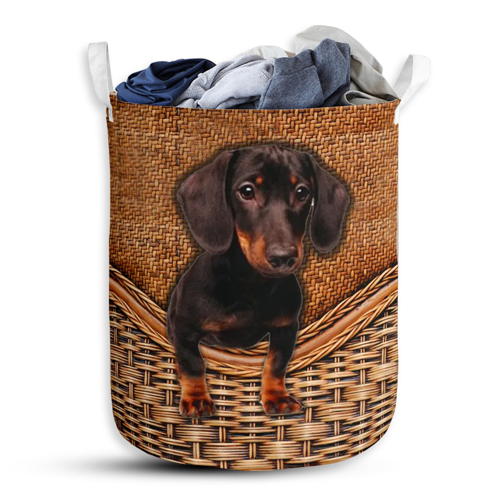 Small Size Black Tan Dachshund Dog Rattan Texture Laundry Basket For Bathroom Bedroom Storage