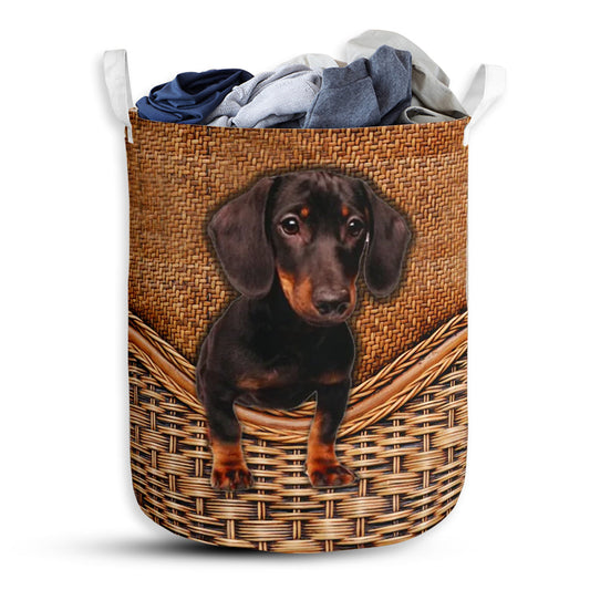 Small Size Black Tan Dachshund Dog Rattan Texture Laundry Basket For Bathroom Bedroom Storage