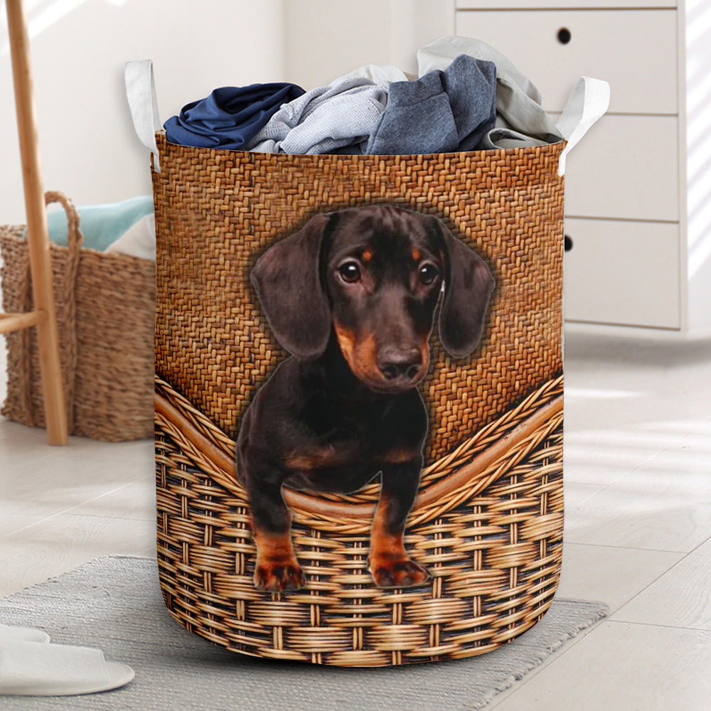 Black Tan Dachshund Dog Rattan Texture Laundry Basket For Room Home Organizer