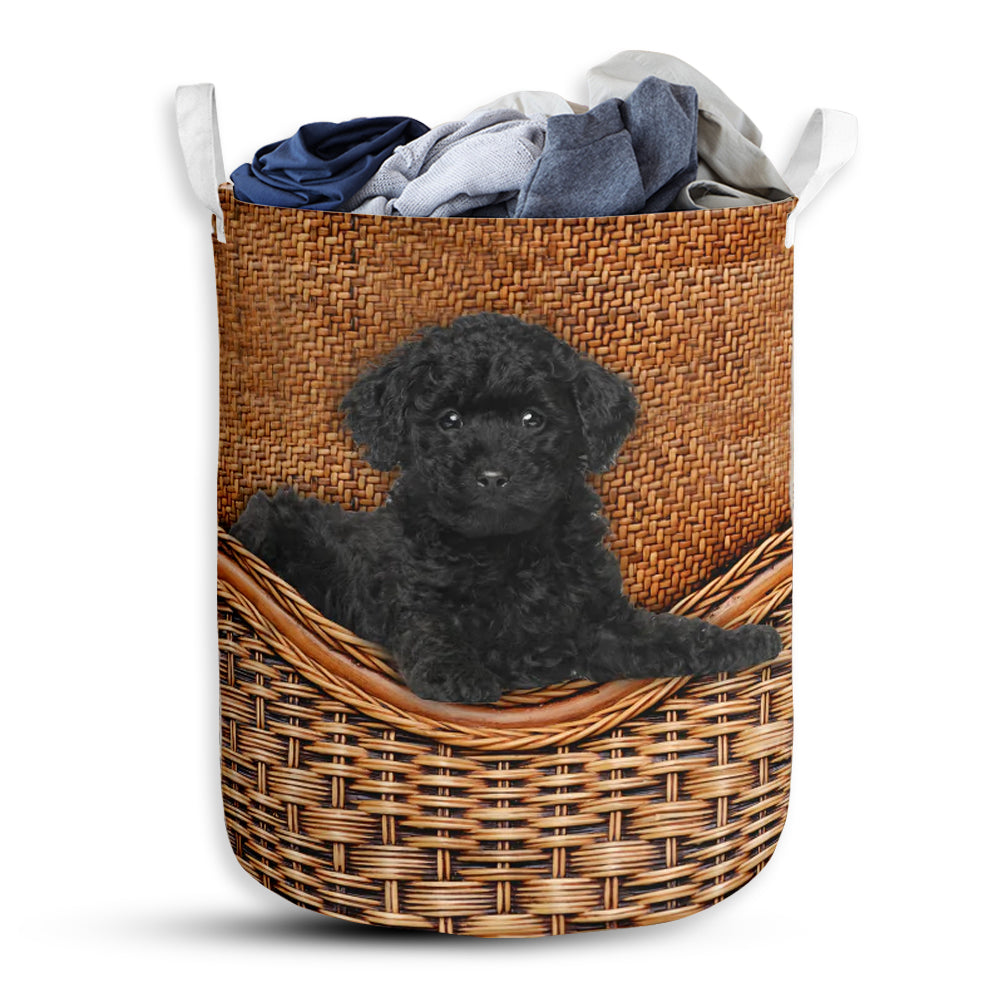 Small Size Black Toy Poodle Dog Rattan Texture Laundry Basket For Bathroom Bedroom Storage