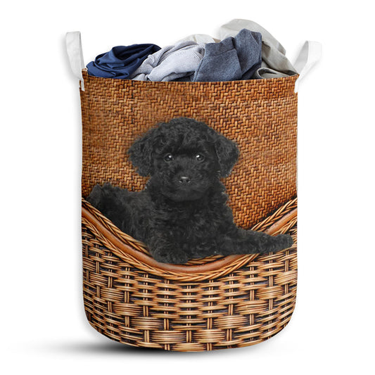 Small Size Black Toy Poodle Dog Rattan Texture Laundry Basket For Bathroom Bedroom Storage