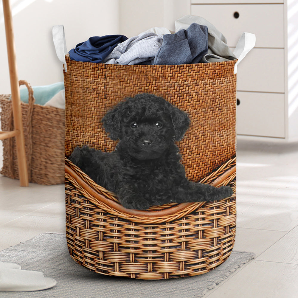 Black Toy Poodle Dog Rattan Texture Laundry Basket For Room Home Organizer