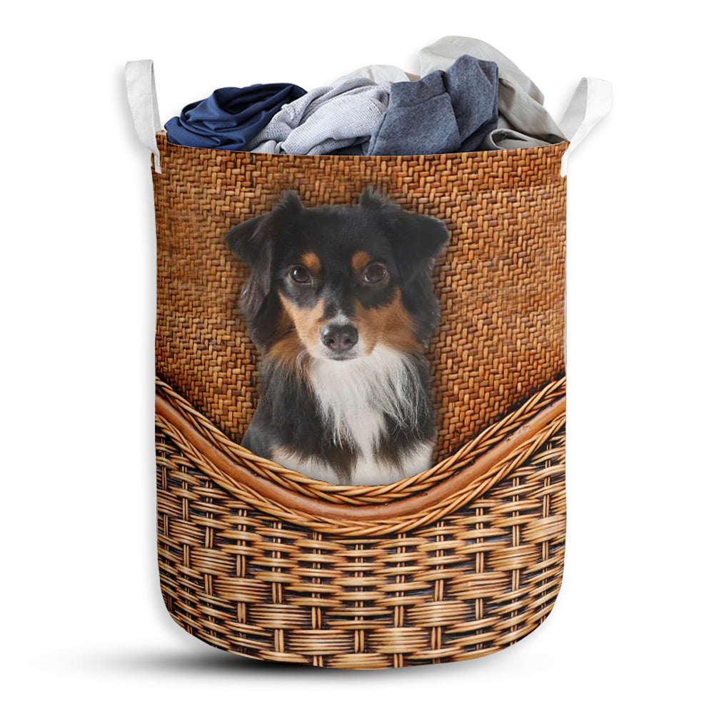 Small Size Black Tri Aussie Dog Rattan Texture Laundry Basket For Bathroom Bedroom Storage