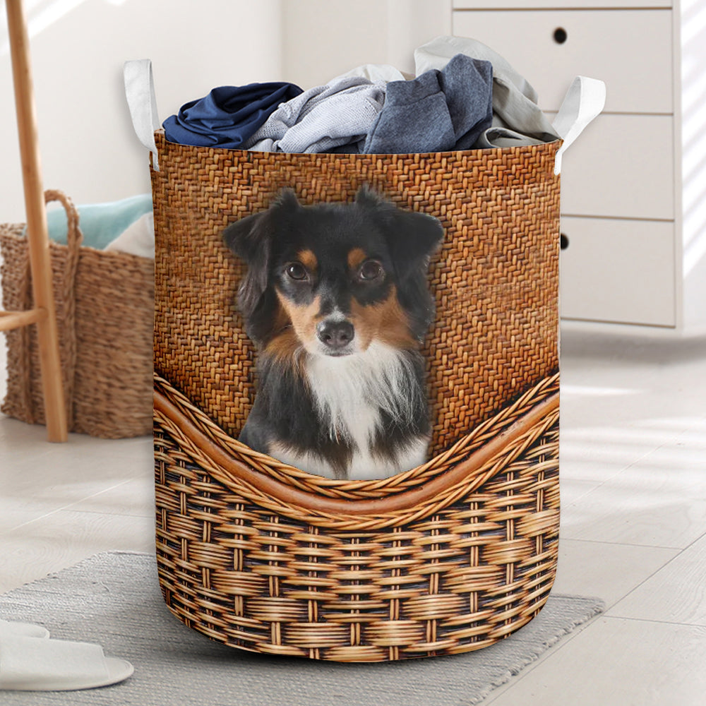 Black Tri Aussie Dog Rattan Texture Laundry Basket For Room Home Organizer