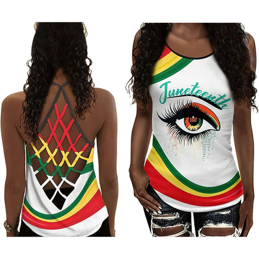 Black Woman Love Peace Colorful Eyes Hollow Tank Top For Yoga Workouts And Festival Wear