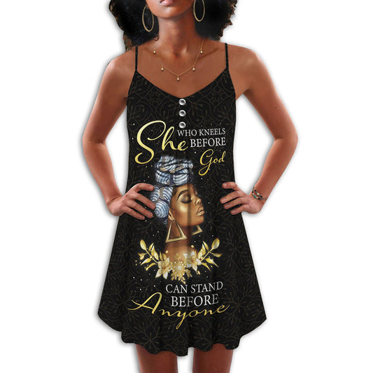 Black She Who Kneels Before God V-Neck Sleeveless Cami Dress For Summer Vacations And Casual Everyday Wear