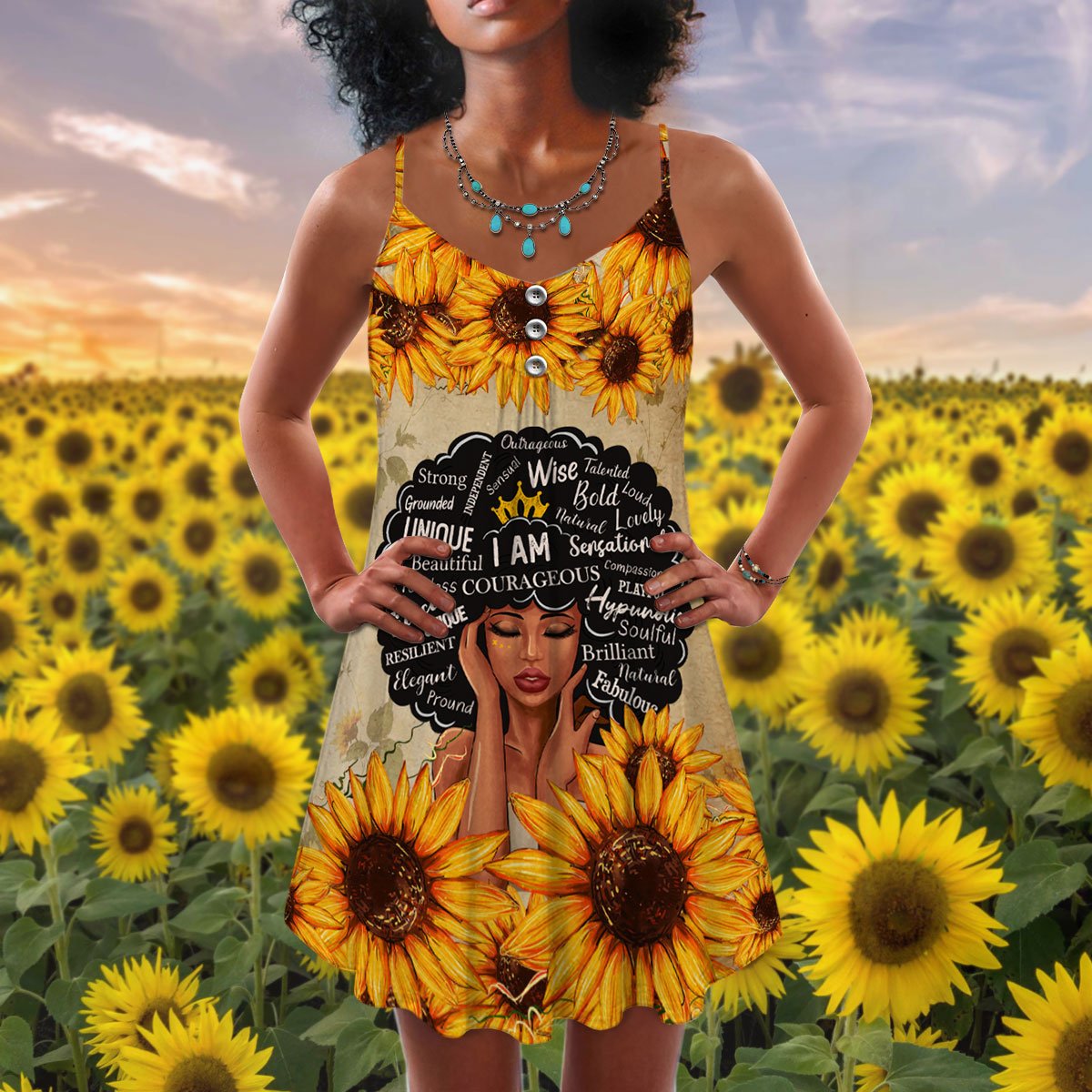 Black Faith Sunflower V-Neck Sleeveless Cami Dress For Floral Vacations And Casual Everyday Style