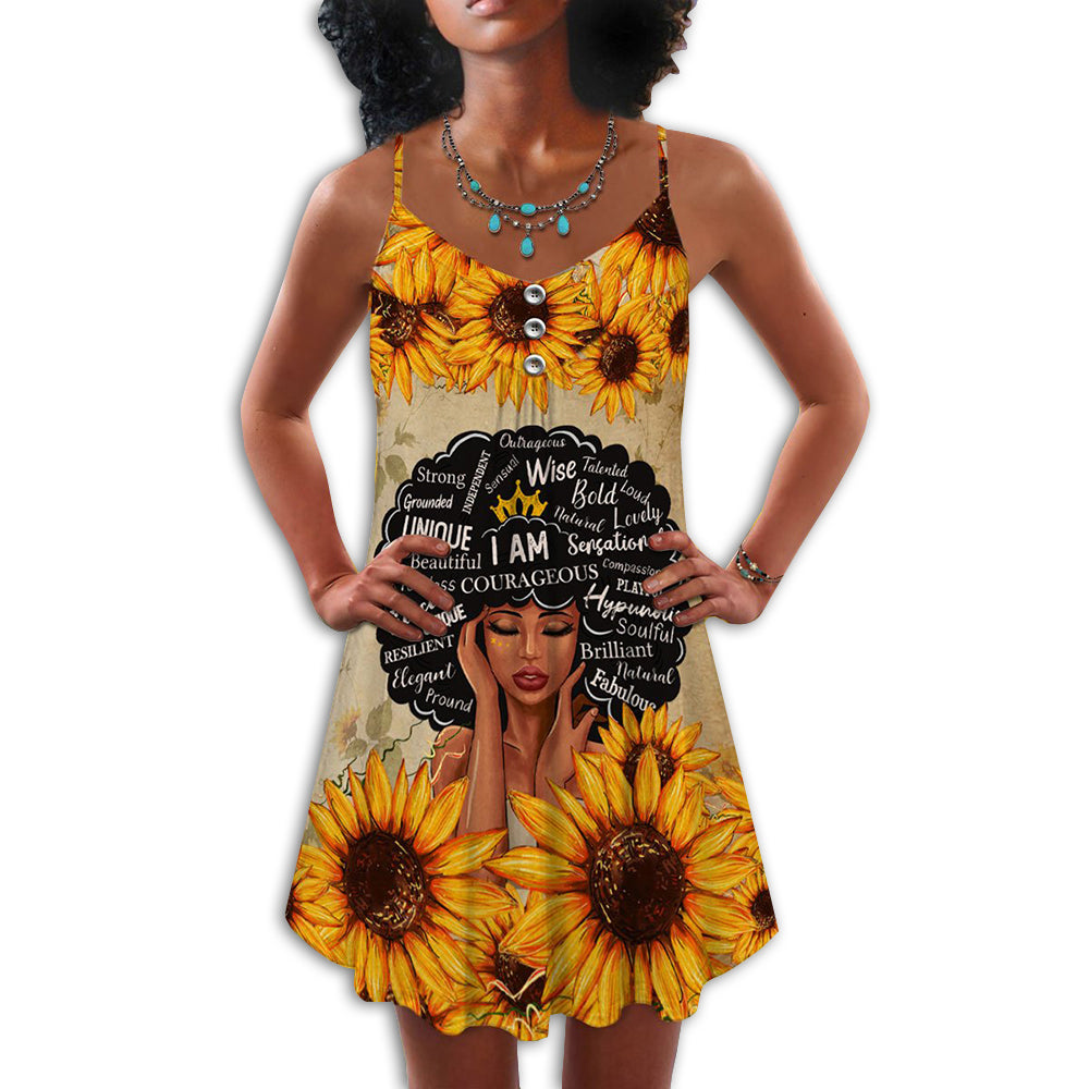 Black Faith Sunflower V-Neck Sleeveless Cami Dress For Floral Vacations And Casual Everyday Style
