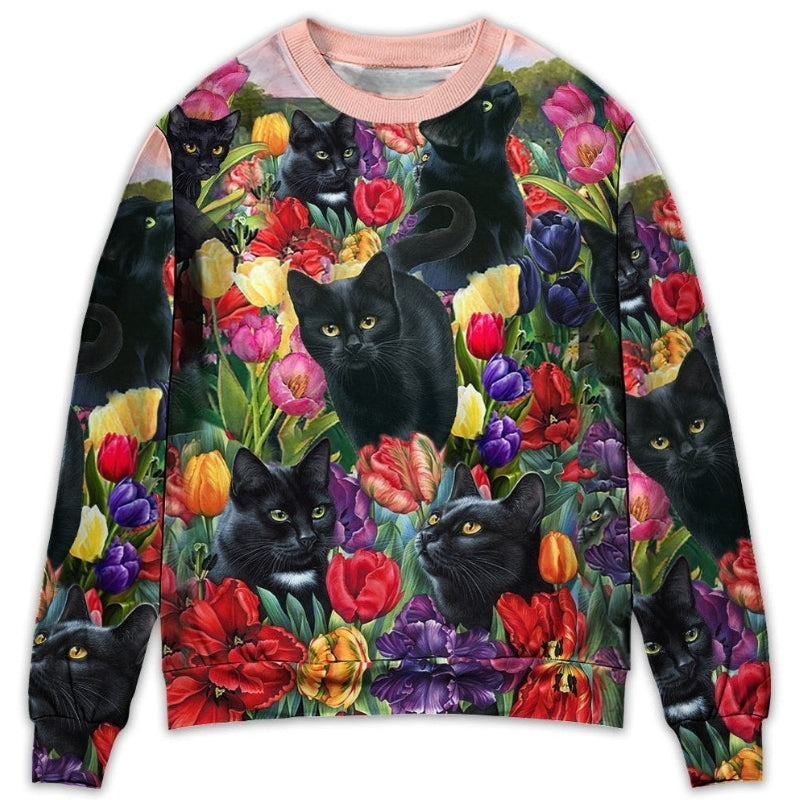 Black Cat Colorful Flowers Sweater For Animal Lovers Casual Wear Holidays And Thoughtful Gifting