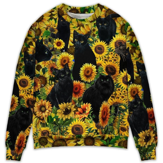 Black Cat Sunflower Sweater For Nature Inspired Fashion Events And Relaxed Everyday Comfort