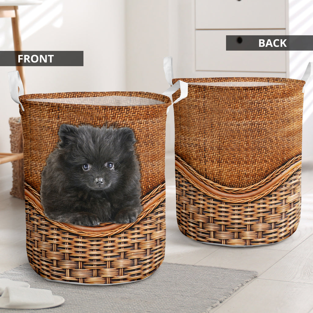 Black Pomeranian Dog Rattan Texture Laundry Basket For Nursery Dorm And Home Storage