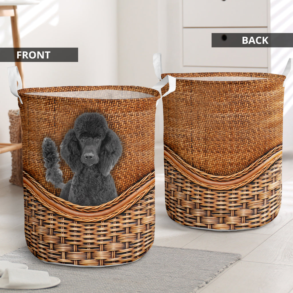 Black Standard Poodle Dog Rattan Texture Laundry Basket For Nursery Dorm And Home Storage