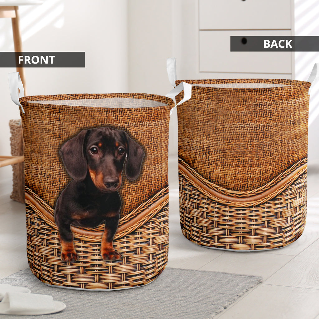 Black Tan Dachshund Dog Rattan Texture Laundry Basket For Nursery Dorm And Home Storage