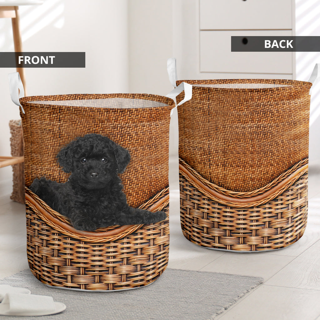 Black Toy Poodle Dog Rattan Texture Laundry Basket For Nursery Dorm And Home Storage
