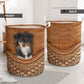 Black Tri Aussie Dog Rattan Texture Laundry Basket For Nursery Dorm And Home Storage