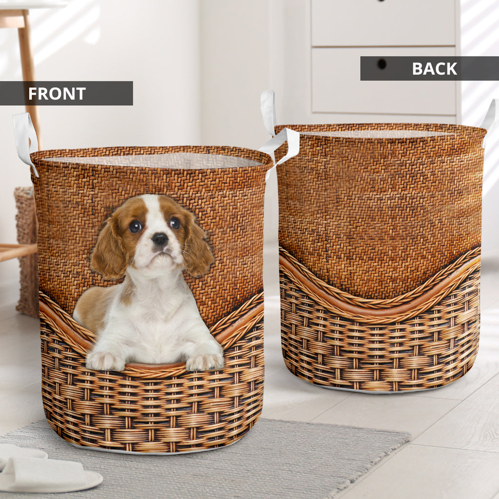 Blenheim Cavalier Dog Rattan Texture Laundry Basket For Nursery Dorm And Home Storage