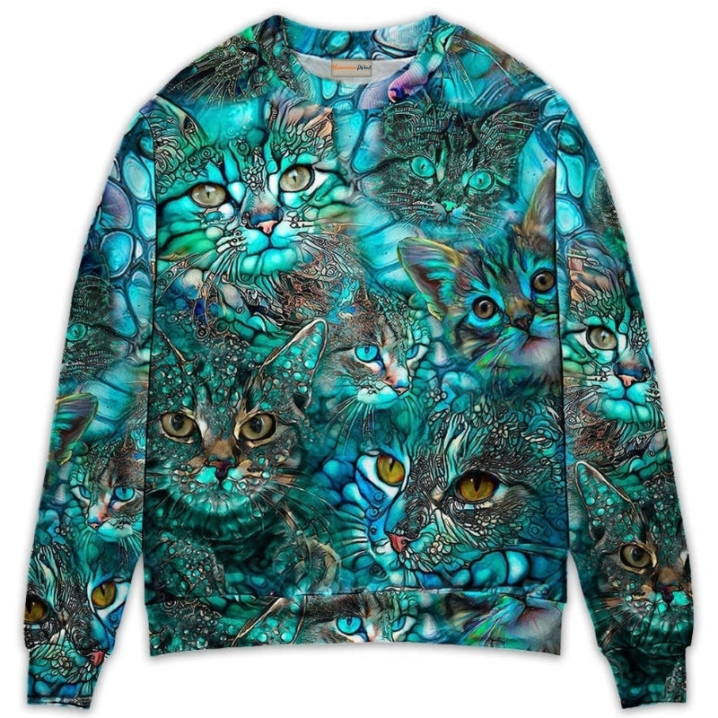 Blue Colorful Cat Sweater For Animal Lovers Casual Wear Holidays And Thoughtful Gifting