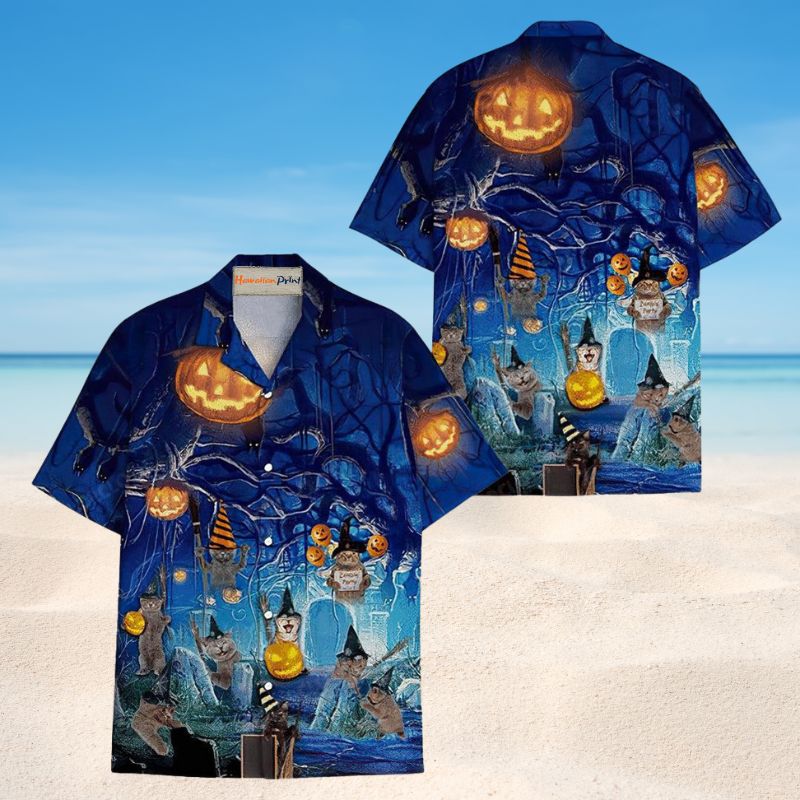 Halloween Blue Cat Hawaiian Shirt For Resort Trips, Coastal Parties, And Warm Weather Style