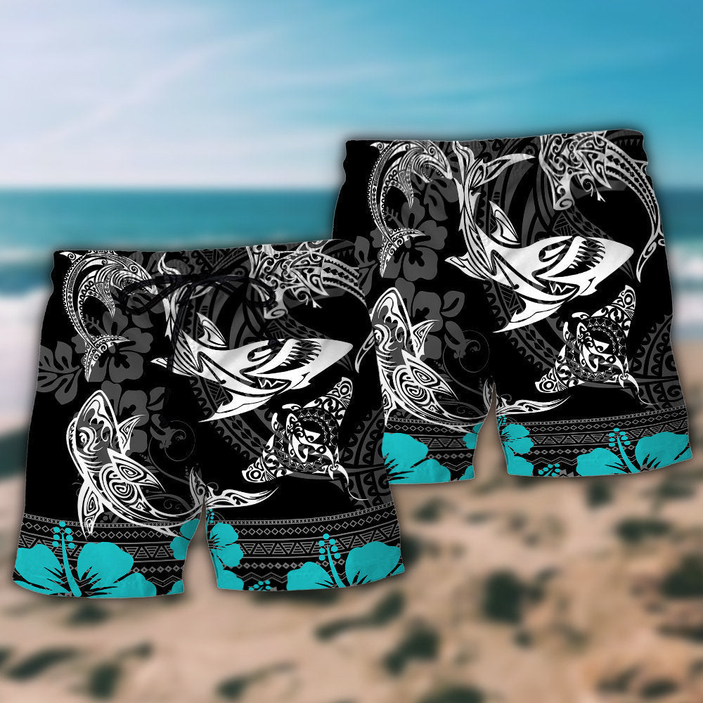 Blue Ocean Shark Pattern Beach Shorts Pattern Detail For Sunny Outdoor Activities