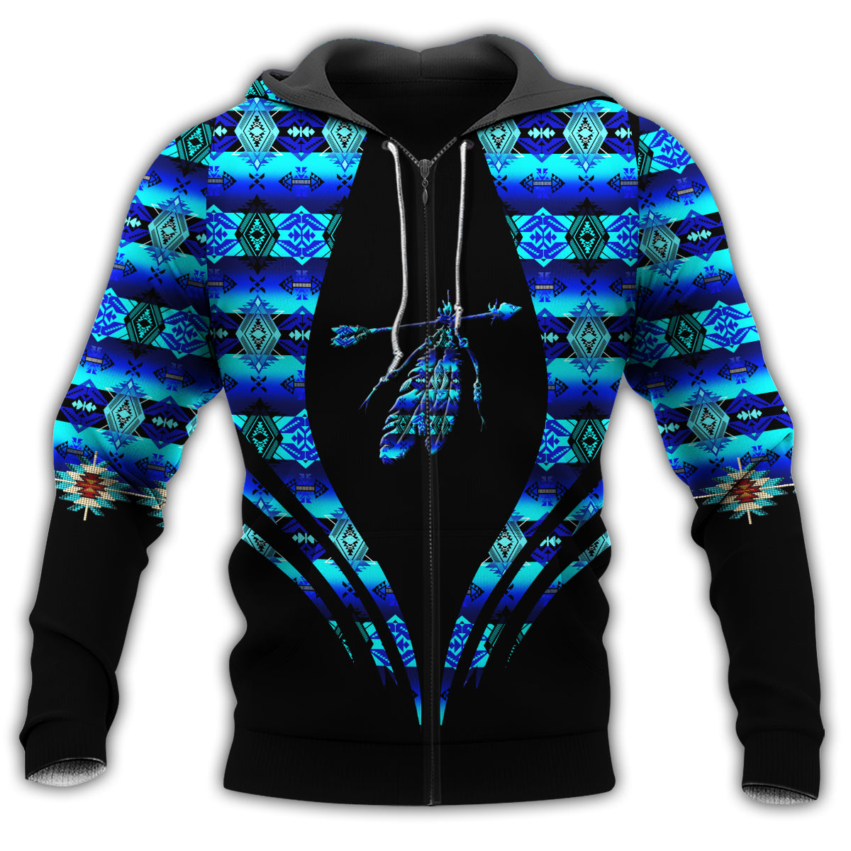 Native Blue Feather Pattern Hoodie For Traditional Themes Outdoor Events And Casual Travel
