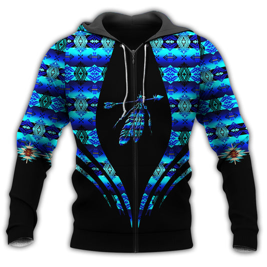 Native Blue Feather Pattern Hoodie For Traditional Themes Outdoor Events And Casual Travel