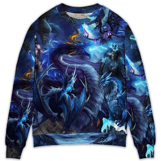 Blue Dragon Skull Fire Lightning Sweater For Fantasy Fans Casual Outings And Weekend Adventures