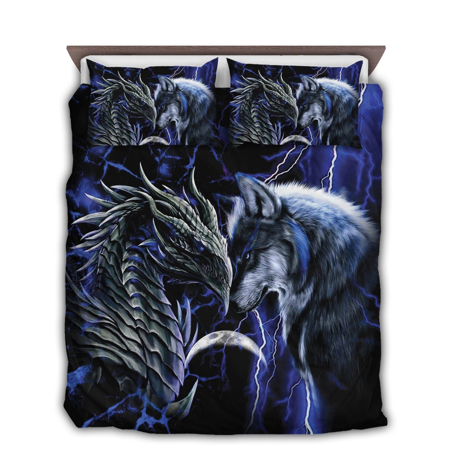 Blue Dragon And Wolf Fantasy Bedding Cover For Fantasy Bedroom Decor