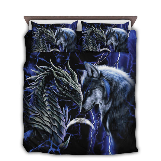 Blue Dragon And Wolf Fantasy Bedding Cover For Fantasy Bedroom Decor