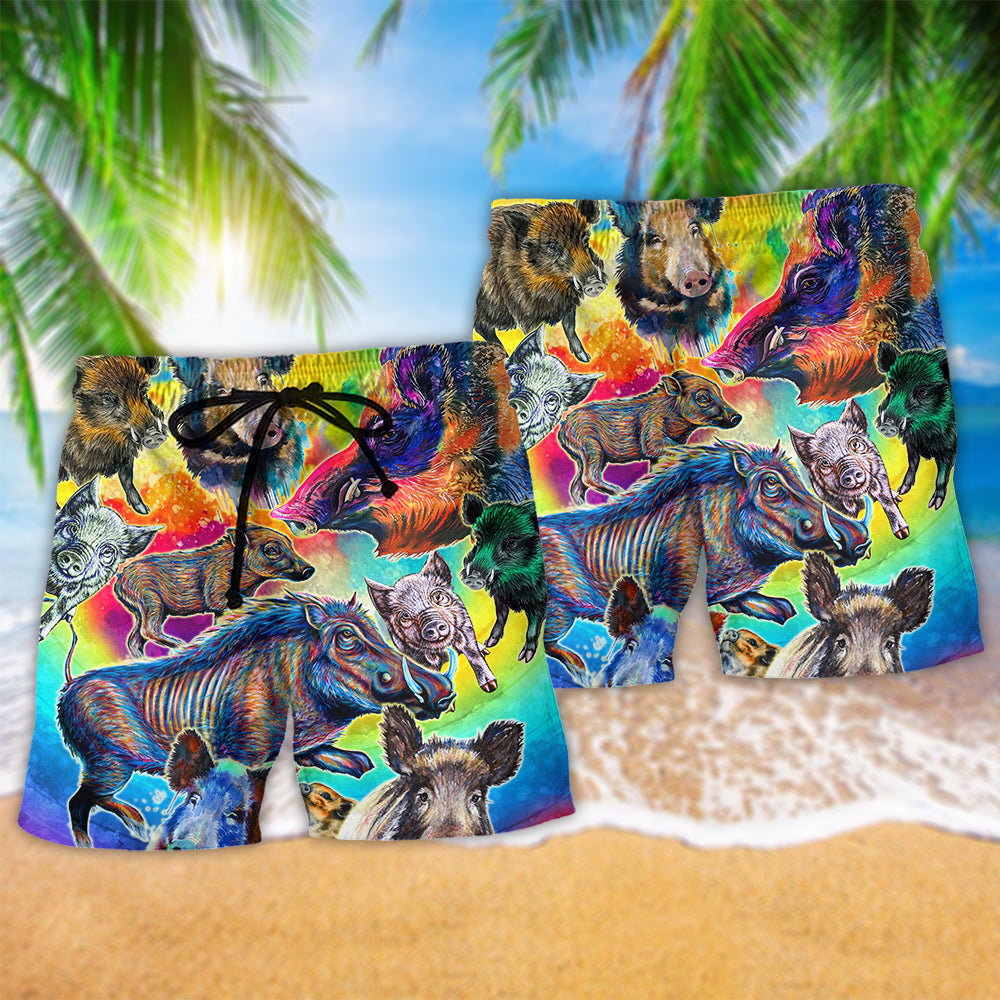 Colorful Wild Boar Beach Shorts Pattern Detail For Beachside Relaxation And Laid Back Daily Wear