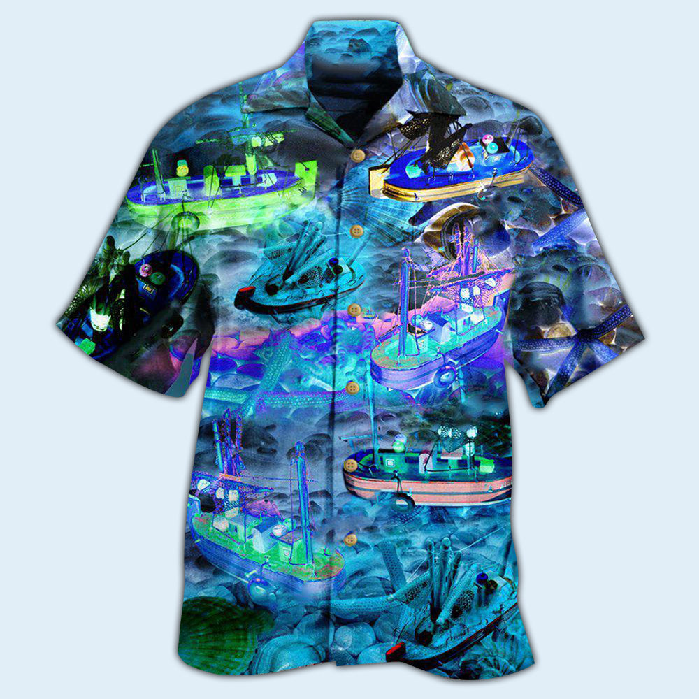 Blue Boat Hawaiian Shirt With All Over Print For Vacation Getaways Resort Wear And Casual Celebrations