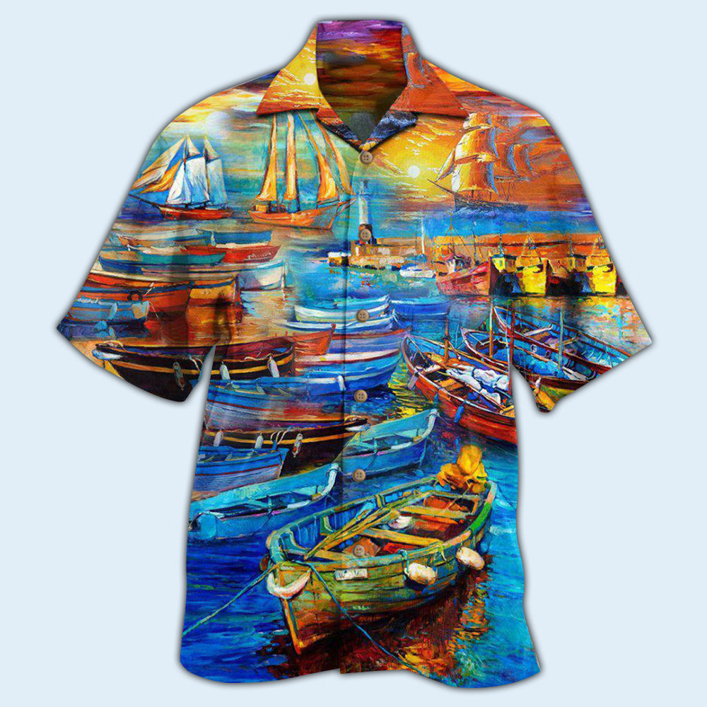 Boat Bygone Days Harbor Eventful Hawaiian Shirt Artwork Detail For Tropical Trips And Casual Outings