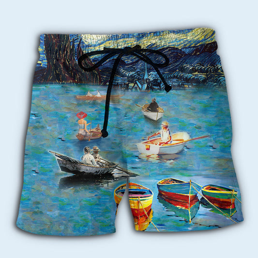 Boat Under Mysterious Sky Beach Shorts Pattern View For Vacation Travel And Outdoor Fun