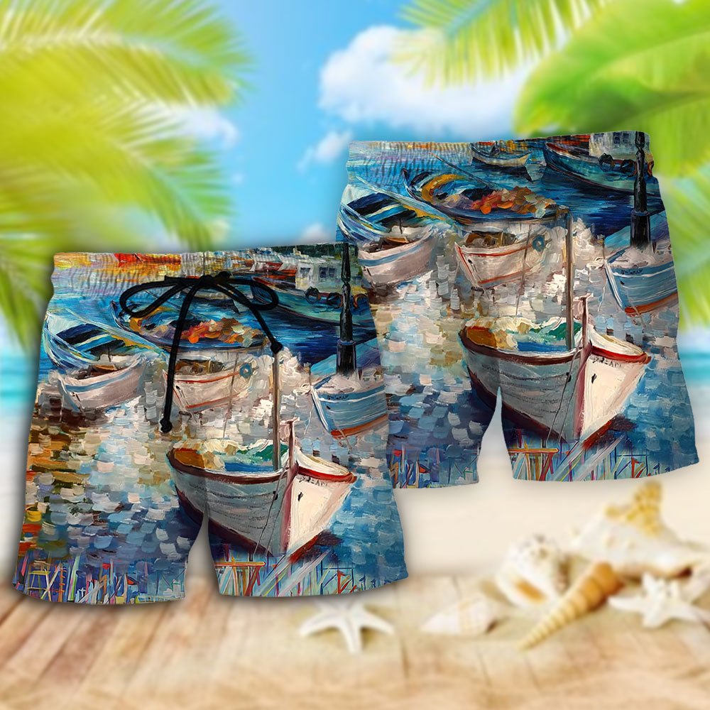 Artistic Boat Coastal Beach Shorts Design Detail For Casual Warm Weather Outfits