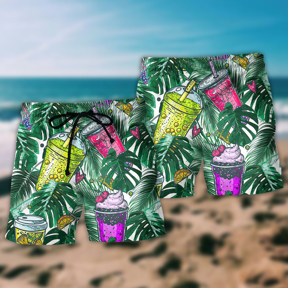 Boba Tea Tropical Leaf Beach Shorts Pattern View For Coastal Holidays And Casual Activities