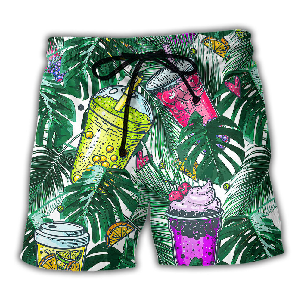 Boba Tea Tropical Leaf Beach Shorts Design View For Comfortable Resort And Beach Styling