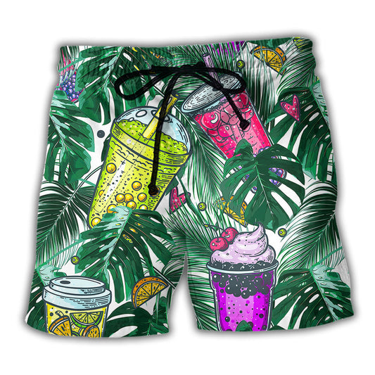 Boba Tea Tropical Leaf Beach Shorts Design View For Comfortable Resort And Beach Styling
