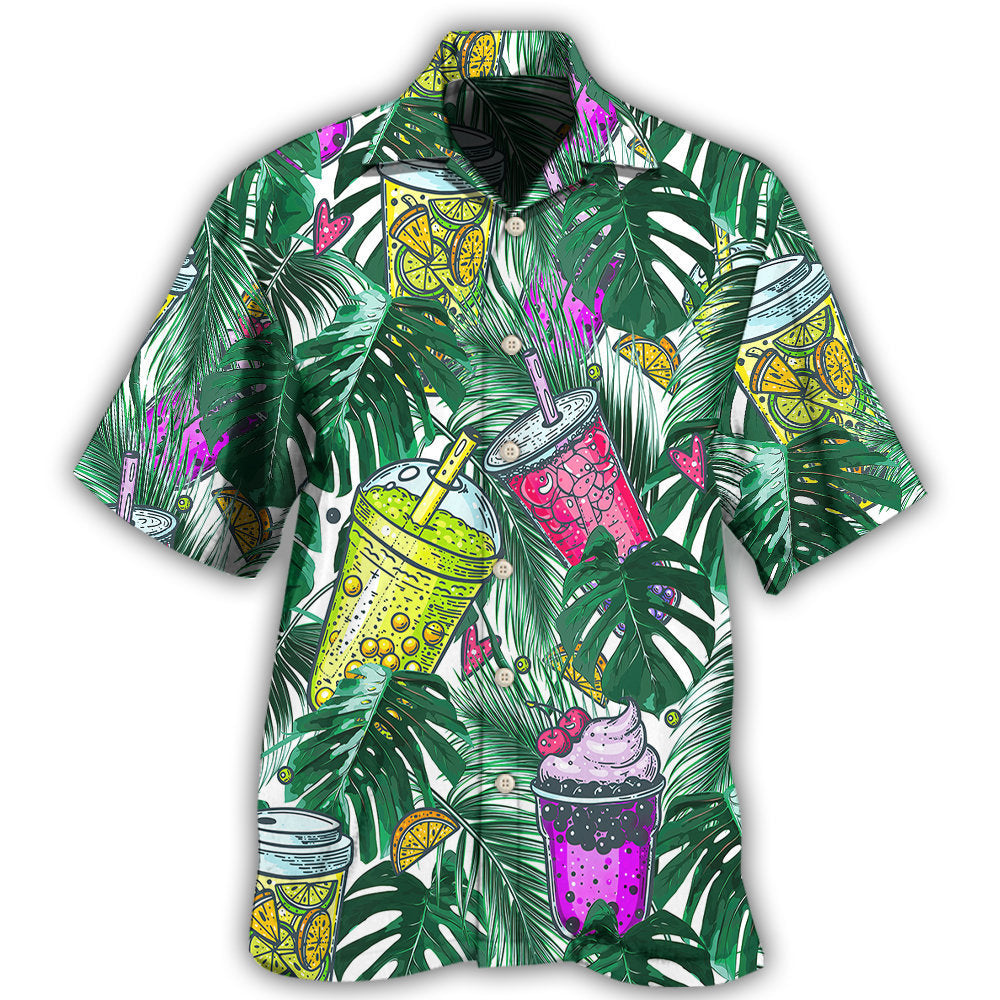 Tropical Boba Tea Leaf Design Hawaiian Shirt For Summer Vacation, Beach Travel, And Casual Wear