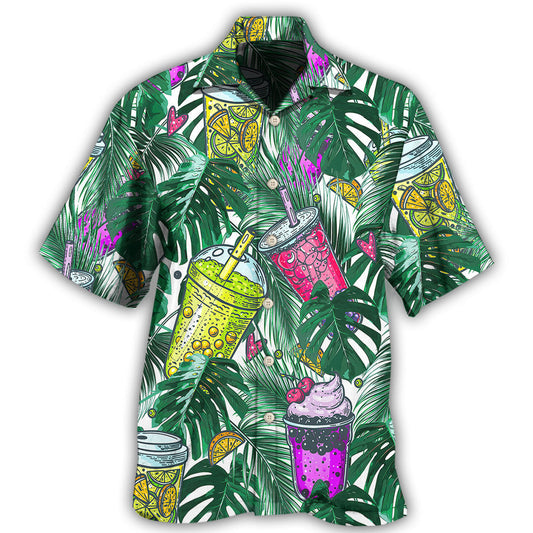 Tropical Boba Tea Leaf Design Hawaiian Shirt For Summer Vacation, Beach Travel, And Casual Wear