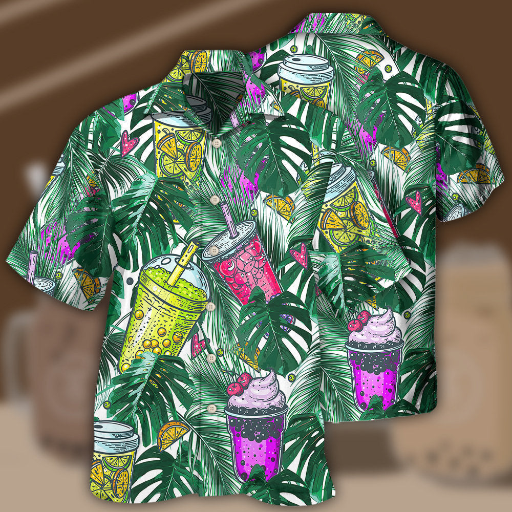 Tropical Boba Tea Leaf Design Hawaiian Shirt For Summer Vacation, Beach Travel, And Casual Wear